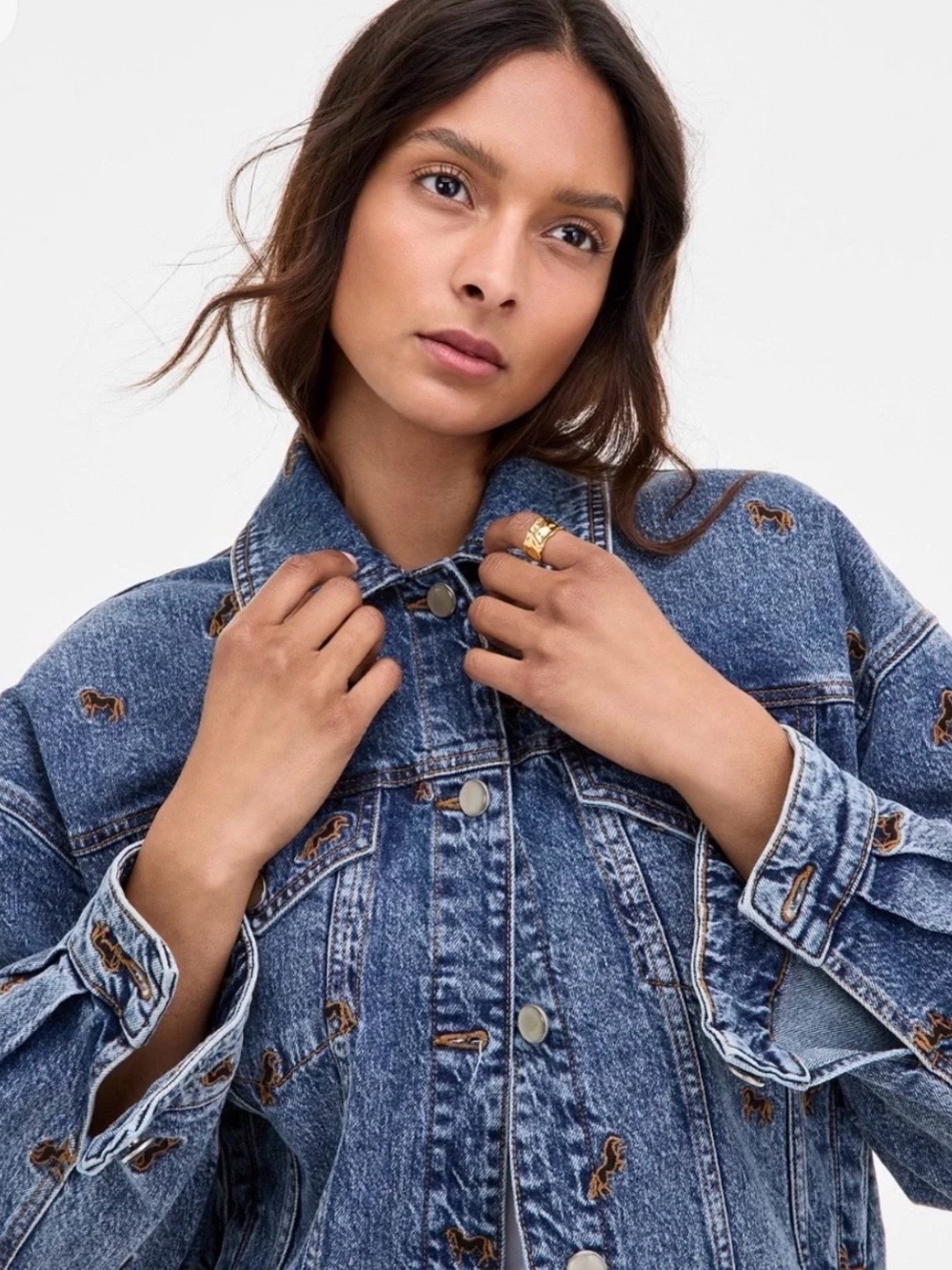 Avec Les Filles by anthropologie Classic Denim Jacket with embroidered horses